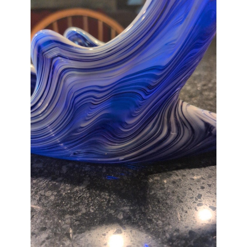 Vtg XL Cobalt Blue White Swril Art Glass Swan Bowl/ 19 x 8 x 5 Long - Picture 3 of 8